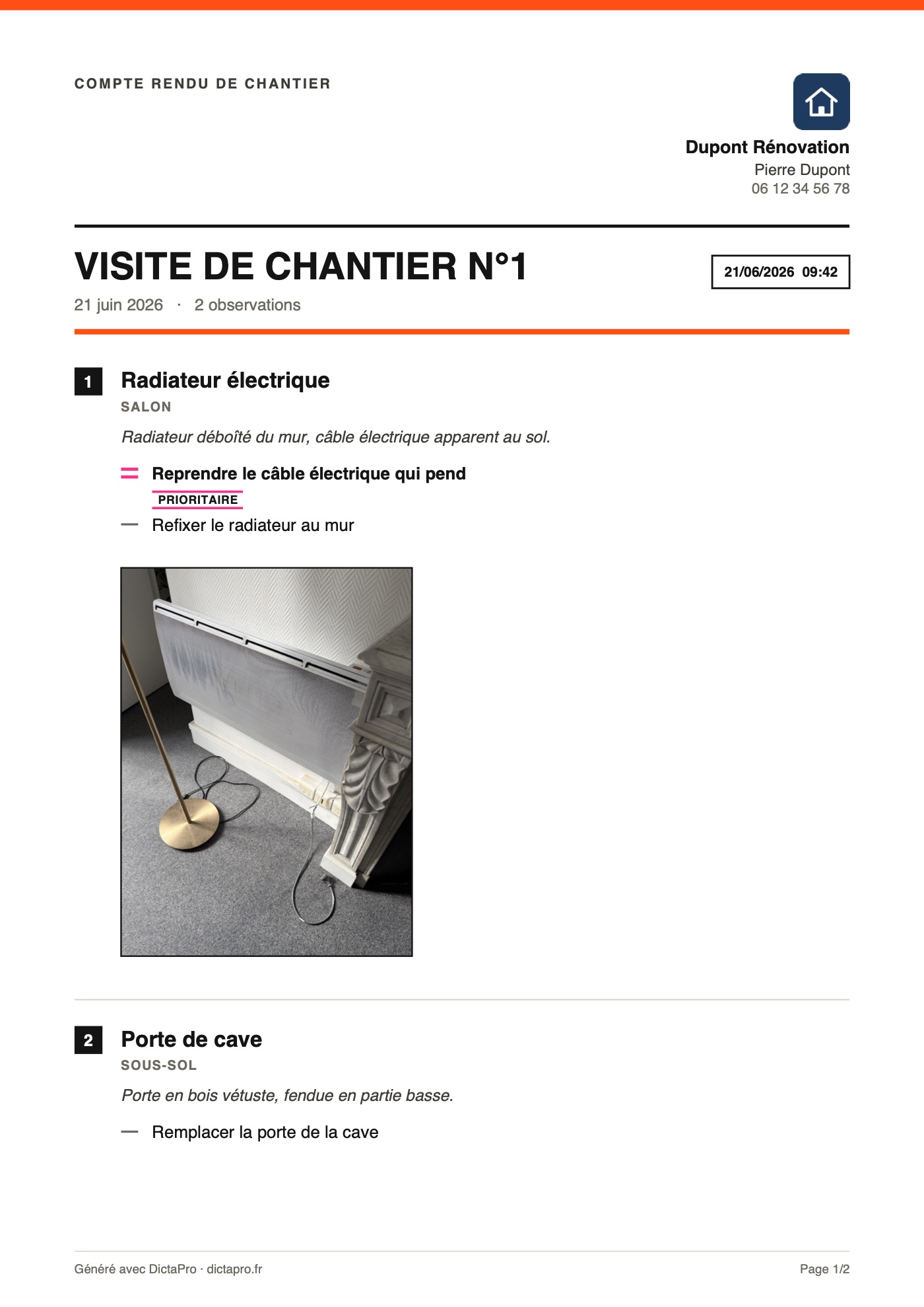 Page 1 d'un compte rendu de chantier DictaPro : en-tête Dupont Rénovation avec logo, titre Visite de chantier n°1 daté du 21/06/2026 à 09:42, observation Radiateur électrique avec une tâche prioritaire et une photo, puis observation Porte de cave.